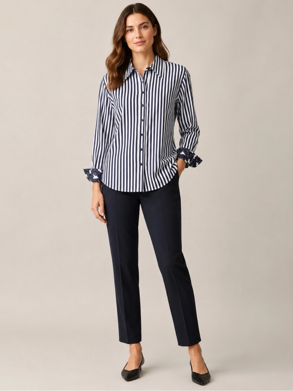 NWT Jones New York Signature Woman Top  2X Navy White Stripe Floral Cuff Collar
